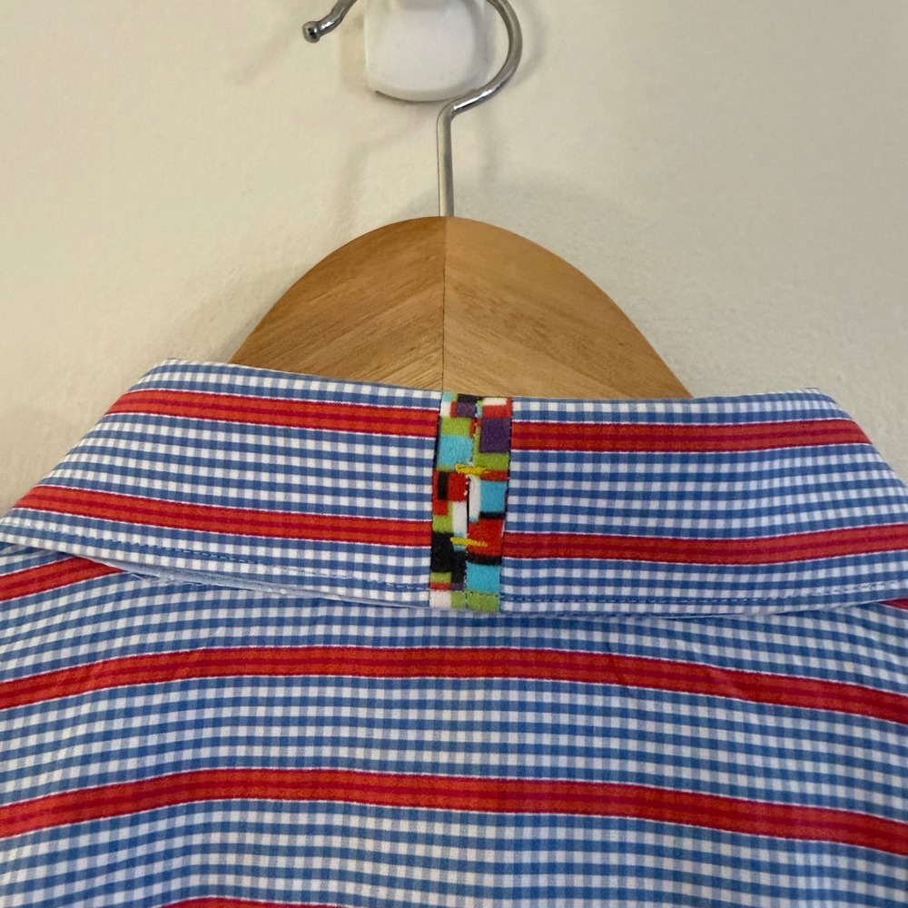 Robert Graham Tailored Fit Striped Gingham Button Down Shirt Mens 2XL Red Blue - Picture 5 of 9